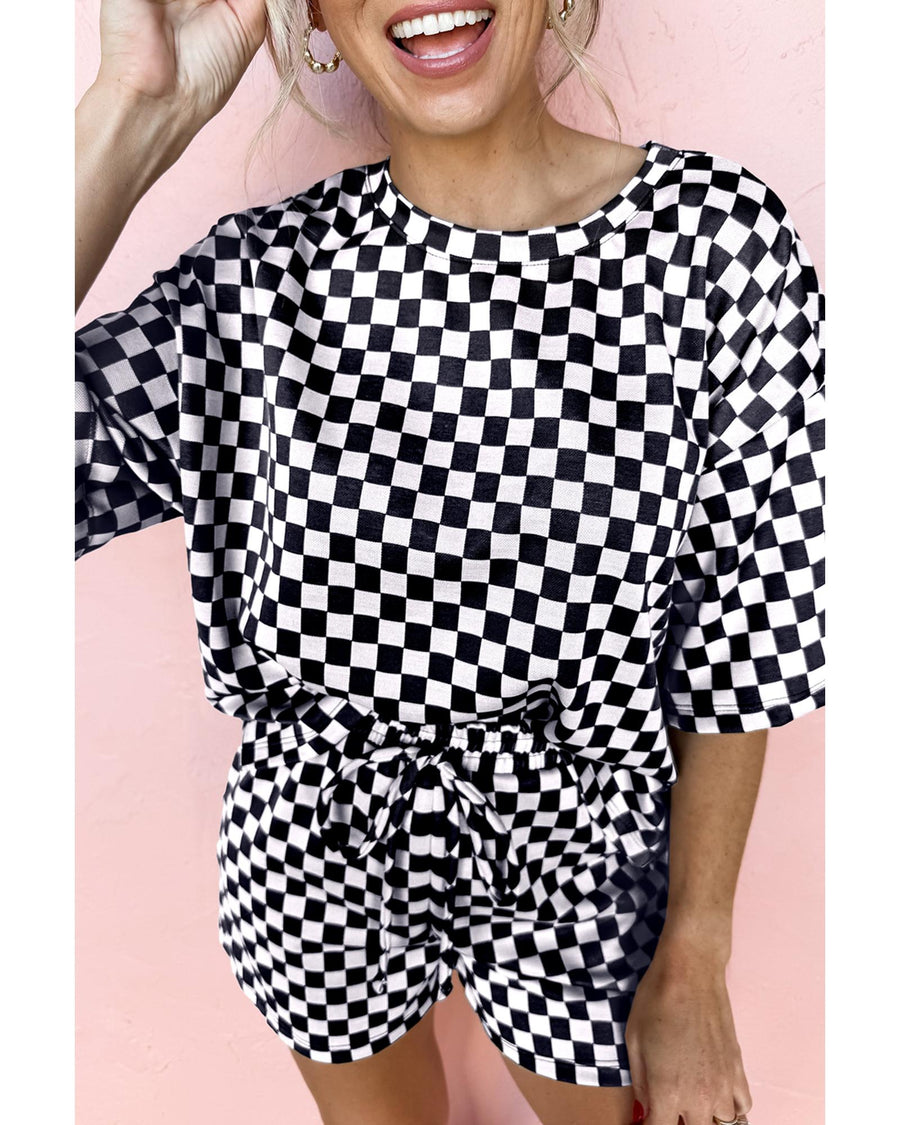 Black Checkered Top and Short Casual 2pcs Set - L