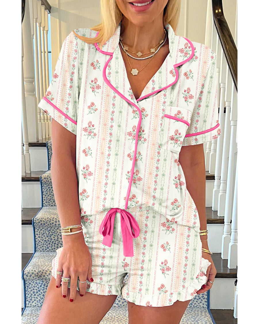 Beige Floral Print Contrast Pipping Short Pajamas Set - M