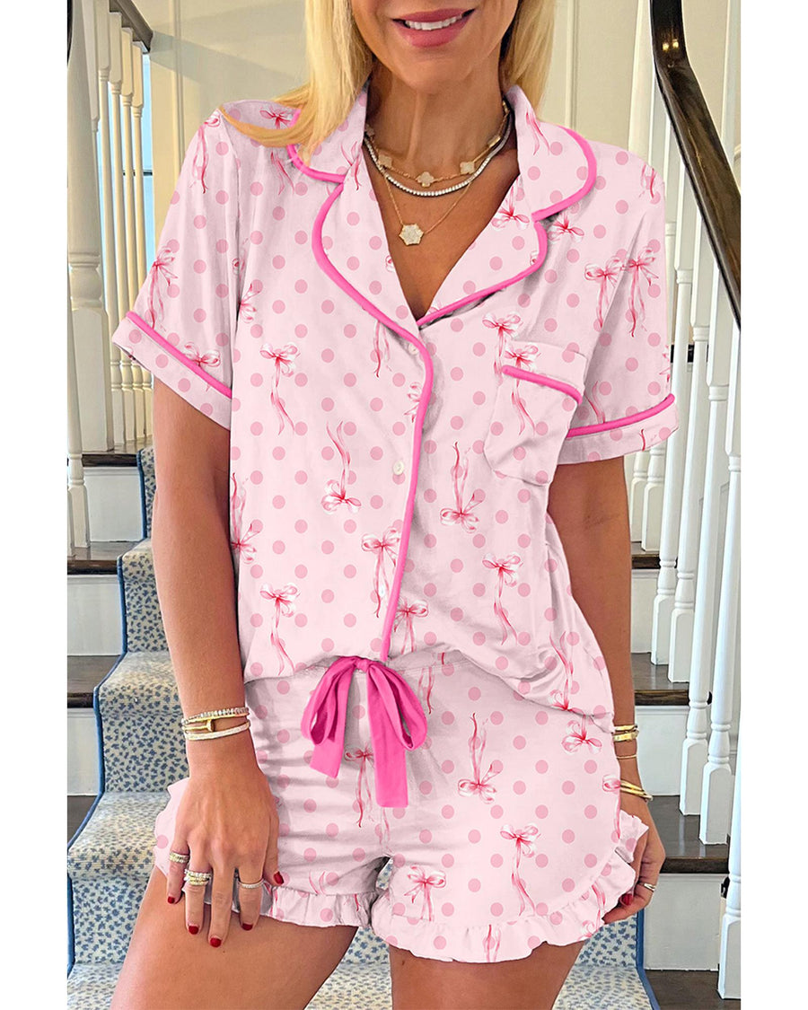 Pink Bow Print Contrast Pipping Short Pajamas Set - XL