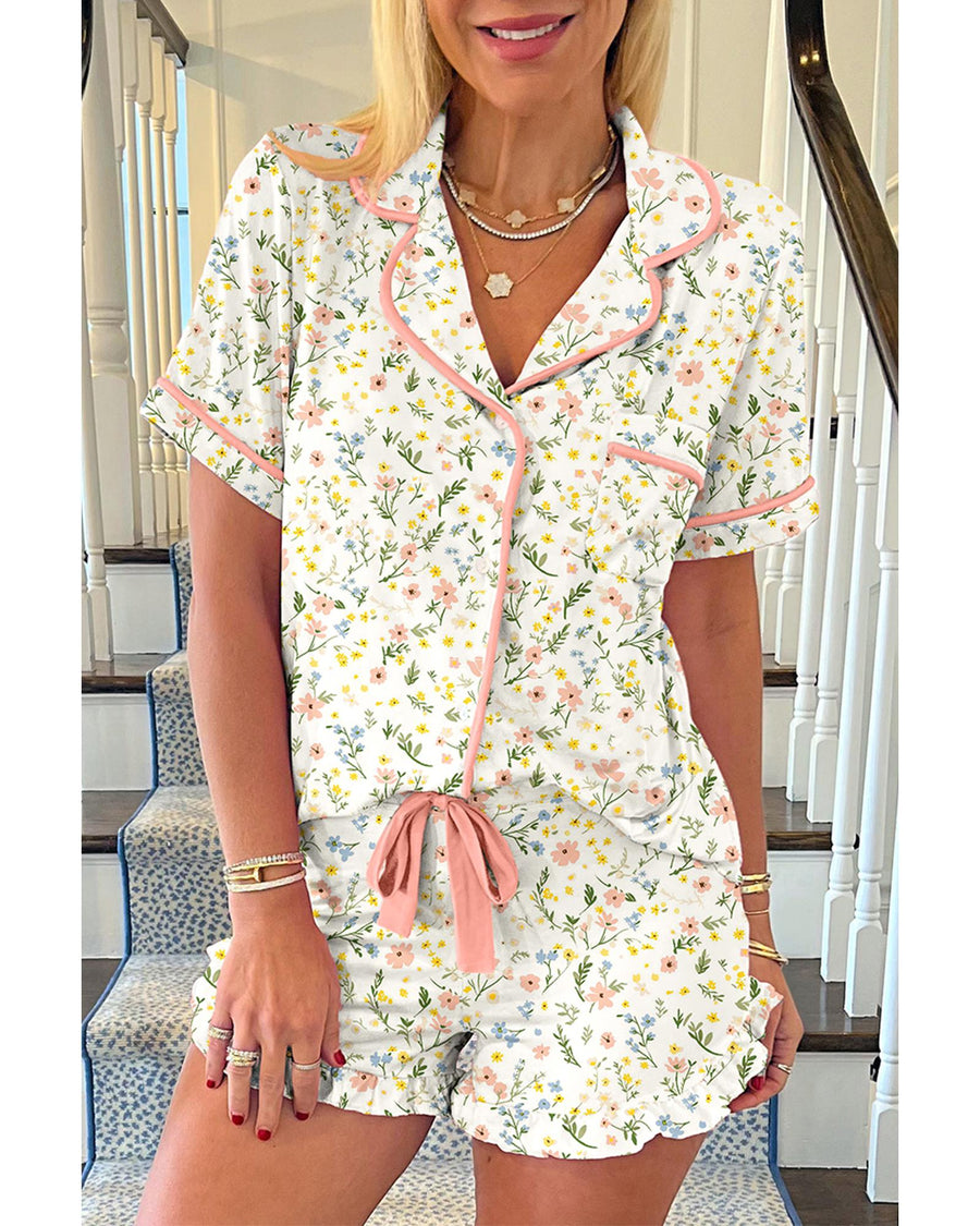 White Floral Print Contrast Pipping Short Pajamas Set - L