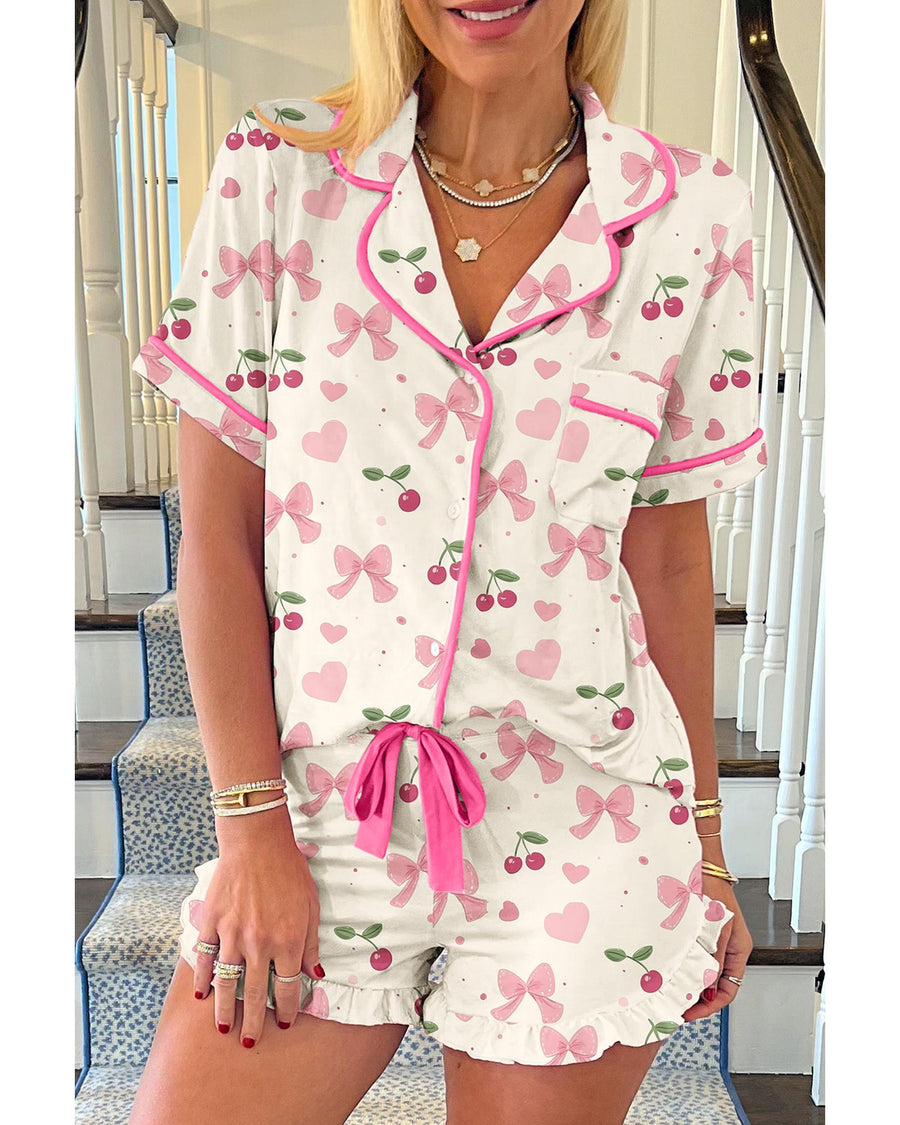Beige Bow Fruit Print Contrast Pipping Short Pajamas Set - S