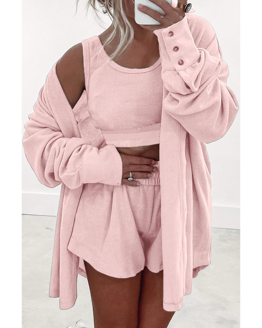 Light Pink 3 Pcs Crop Tank Top Shorts with Cardigan Lounge Set - M