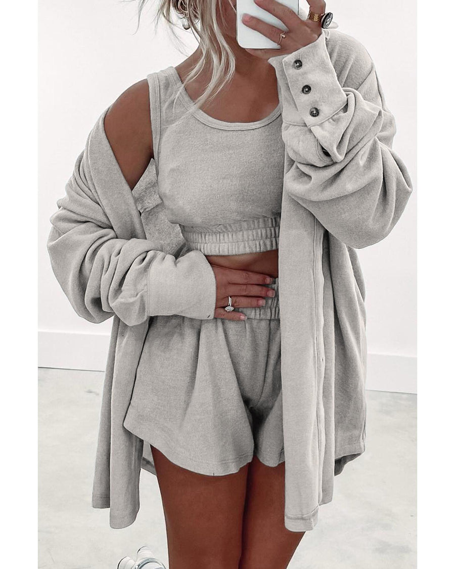 Gray 3 Pcs Crop Tank Top Shorts with Cardigan Lounge Set - L