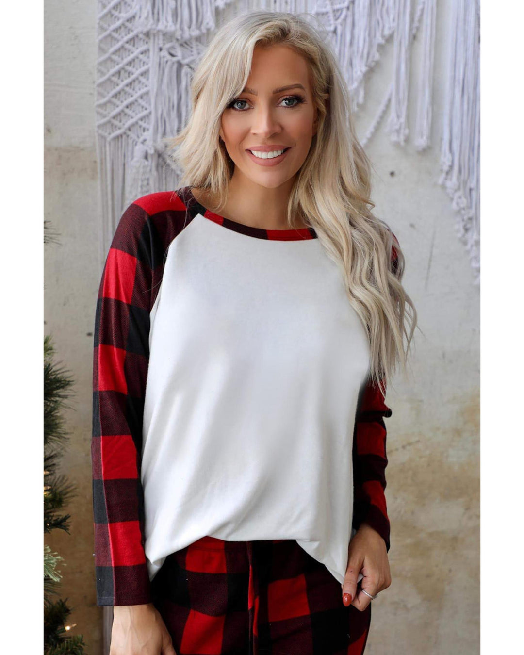 Red Plaid Raglan Sleeves Top and Drawstring Pants Lounge Set - L