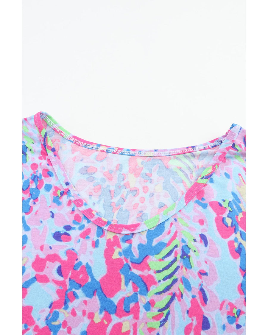 Sky Blue Floral Long Sleeve Top and Drawstring Shorts Set - M