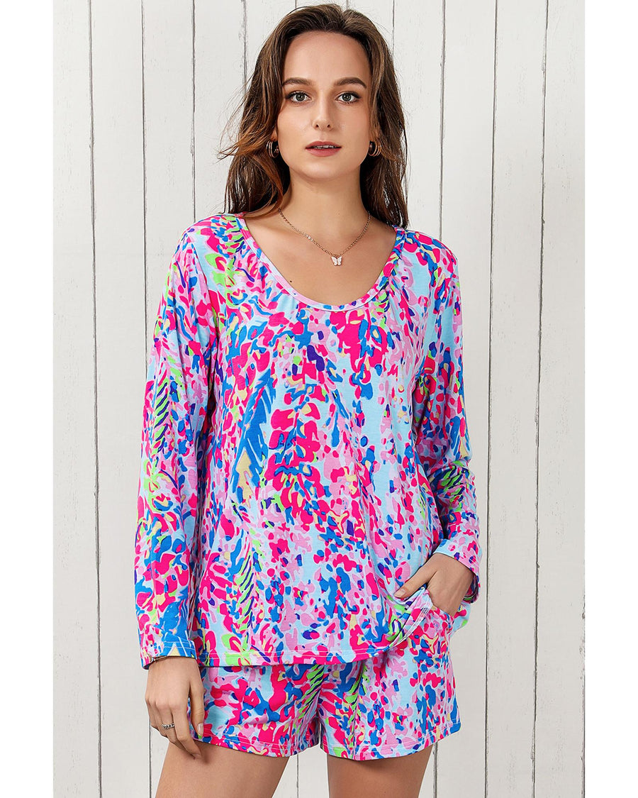 Purple Floral Long Sleeve Top and Drawstring Shorts Set - L