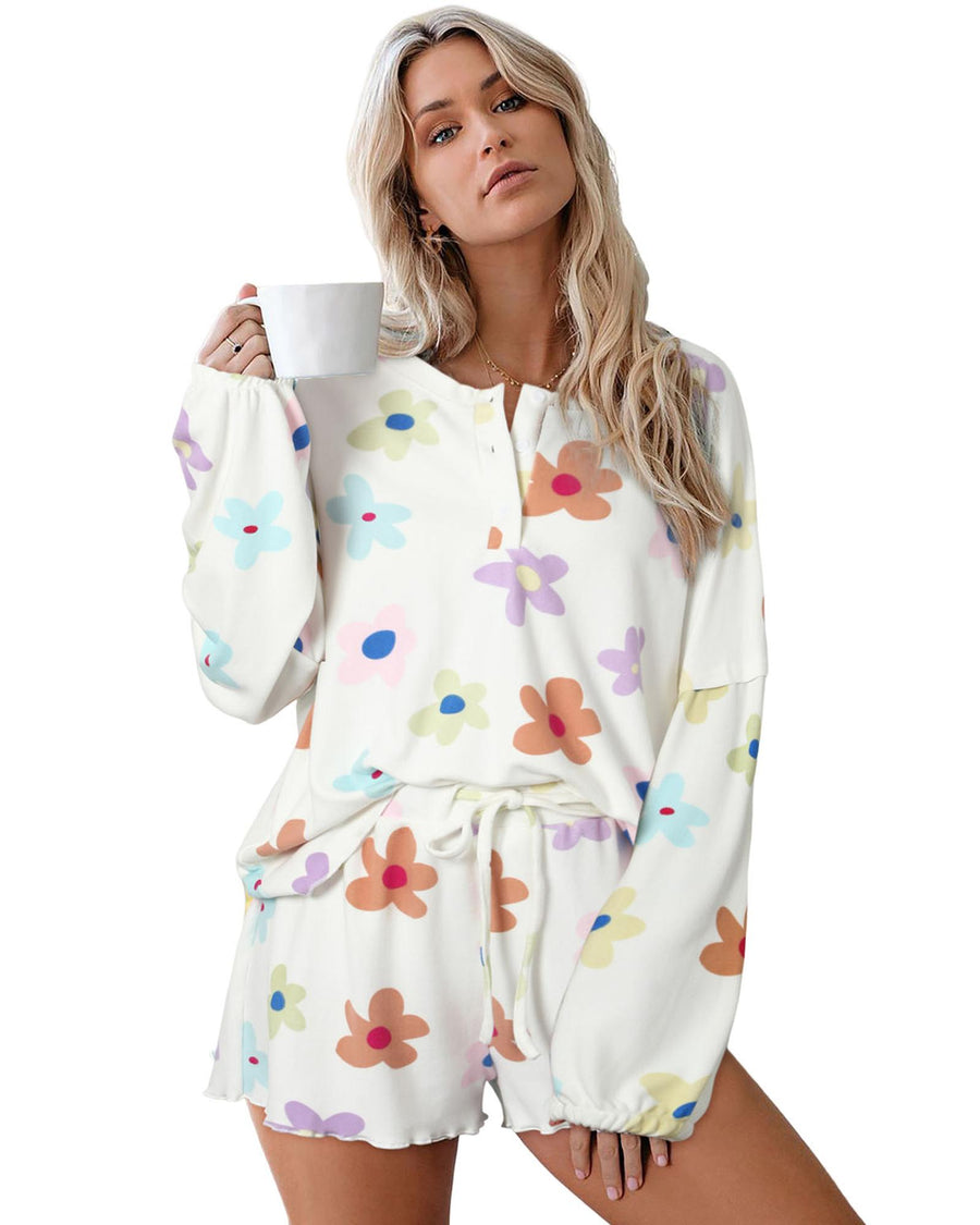White Floral Long Sleeve Henley Top and Drawstring Shorts Set - XL