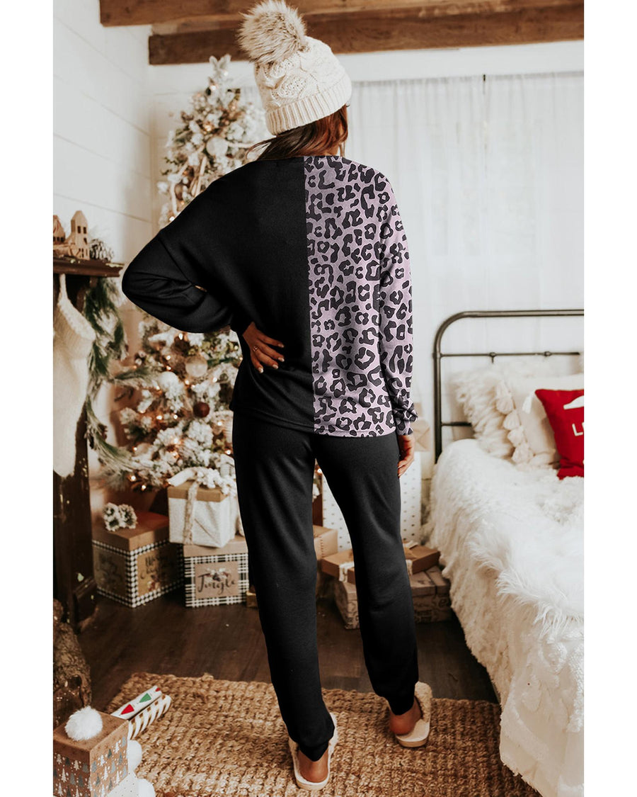 Black Contrast Leopard Long Sleeve Pullover and Joggers Outfit - L