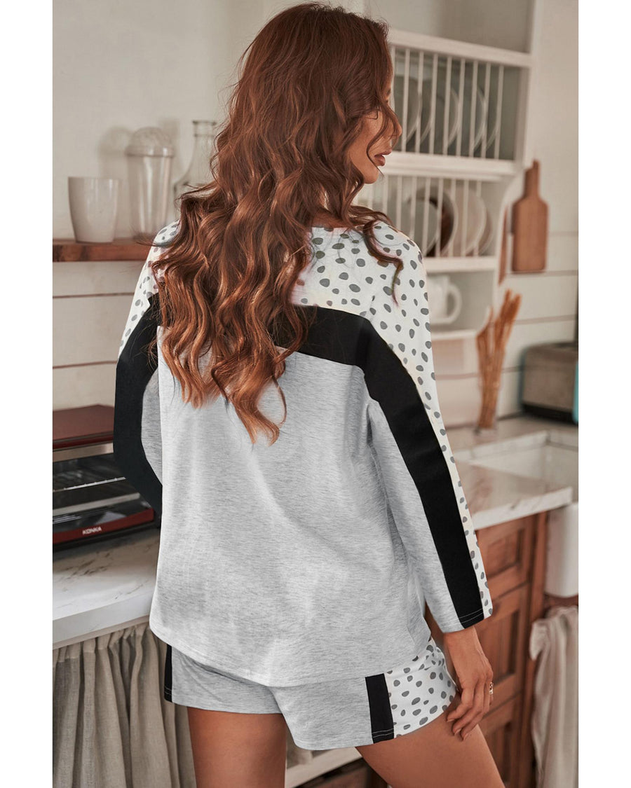 Gray Leopard Colorblock Patchwork Pullover and Shorts Set - M