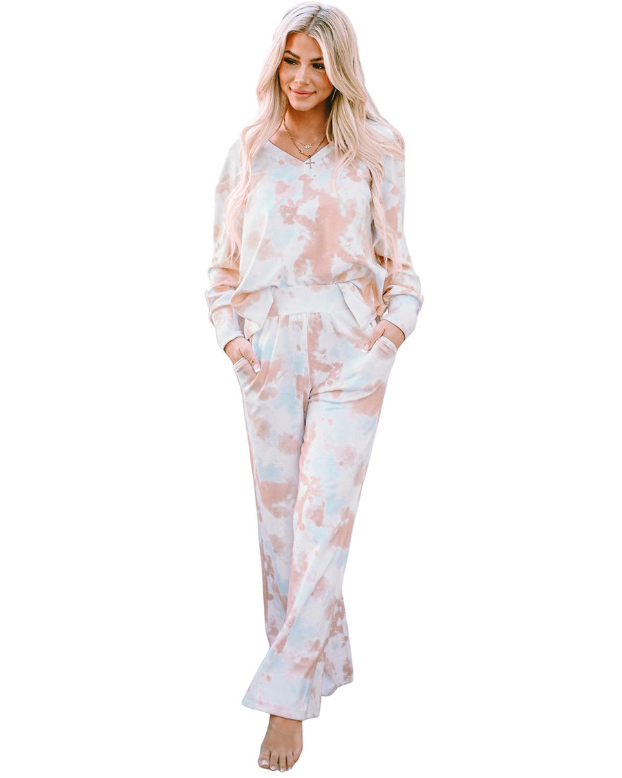 Multicolor Tie Dye Print V Neck High Waist Lounge Set - M