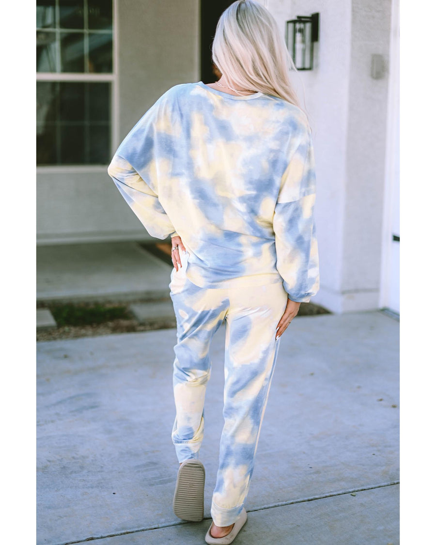 Multicolor Tie Dye Henley Top and Drawstring Pants Outfit - S