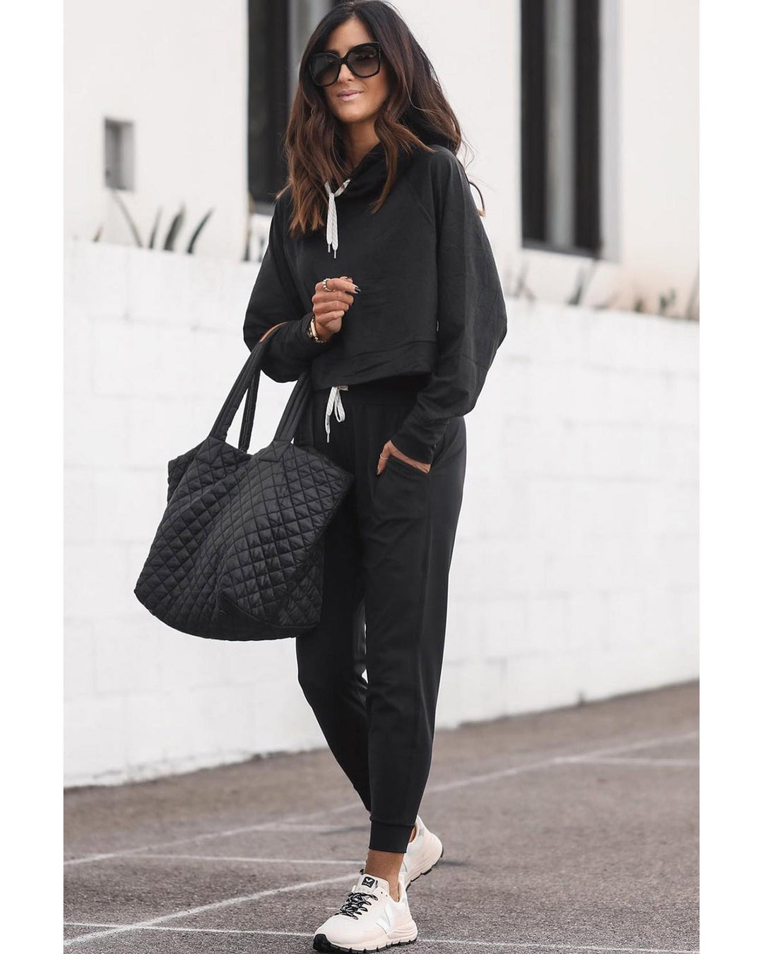 Black Drawstring Hoodie and High Waist Pants Lounge Set - XL