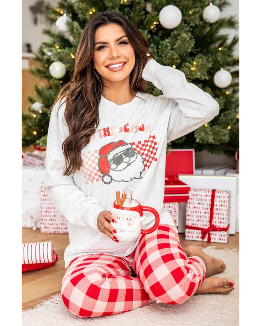 Multicolor Christmas Claus Graphic Top Plaid Pants Lounge Set - XL