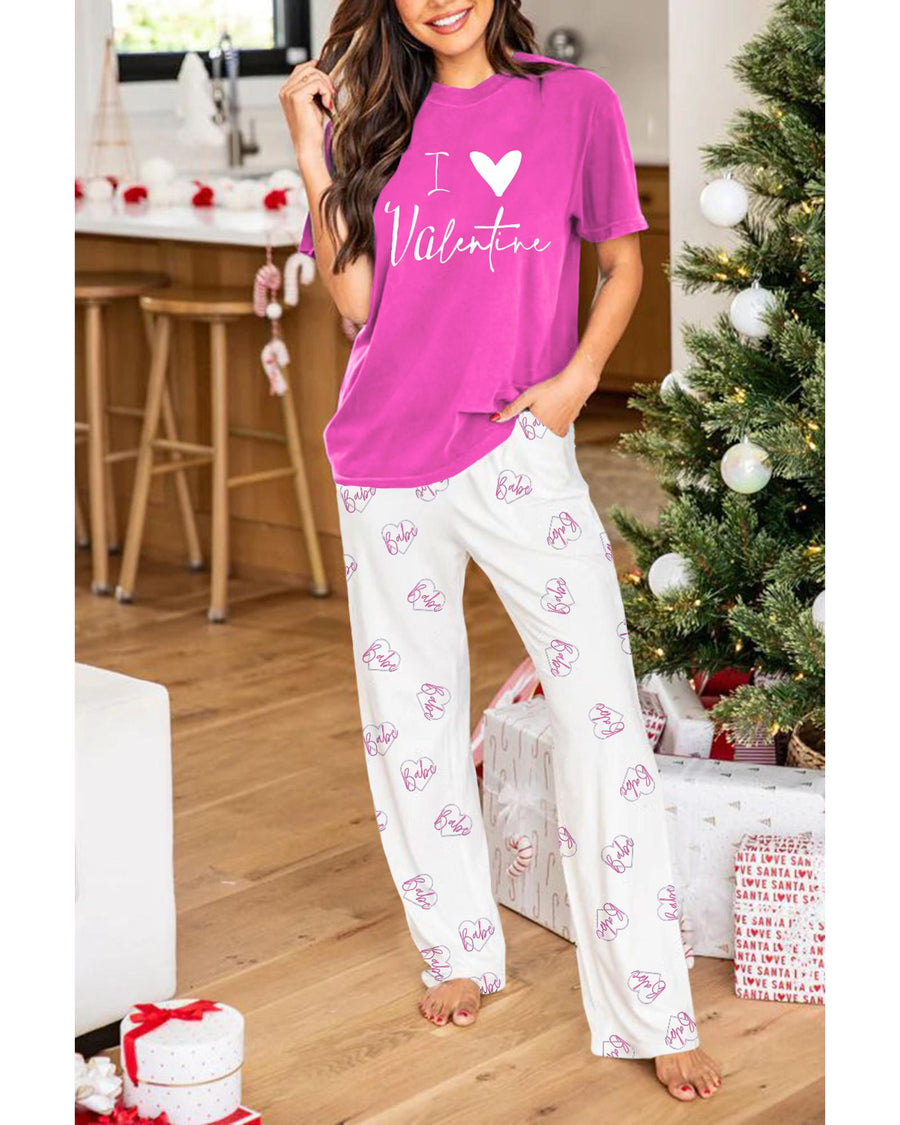 Bonbon I Love Valentine Print Tee and Pants Lounge Set - L