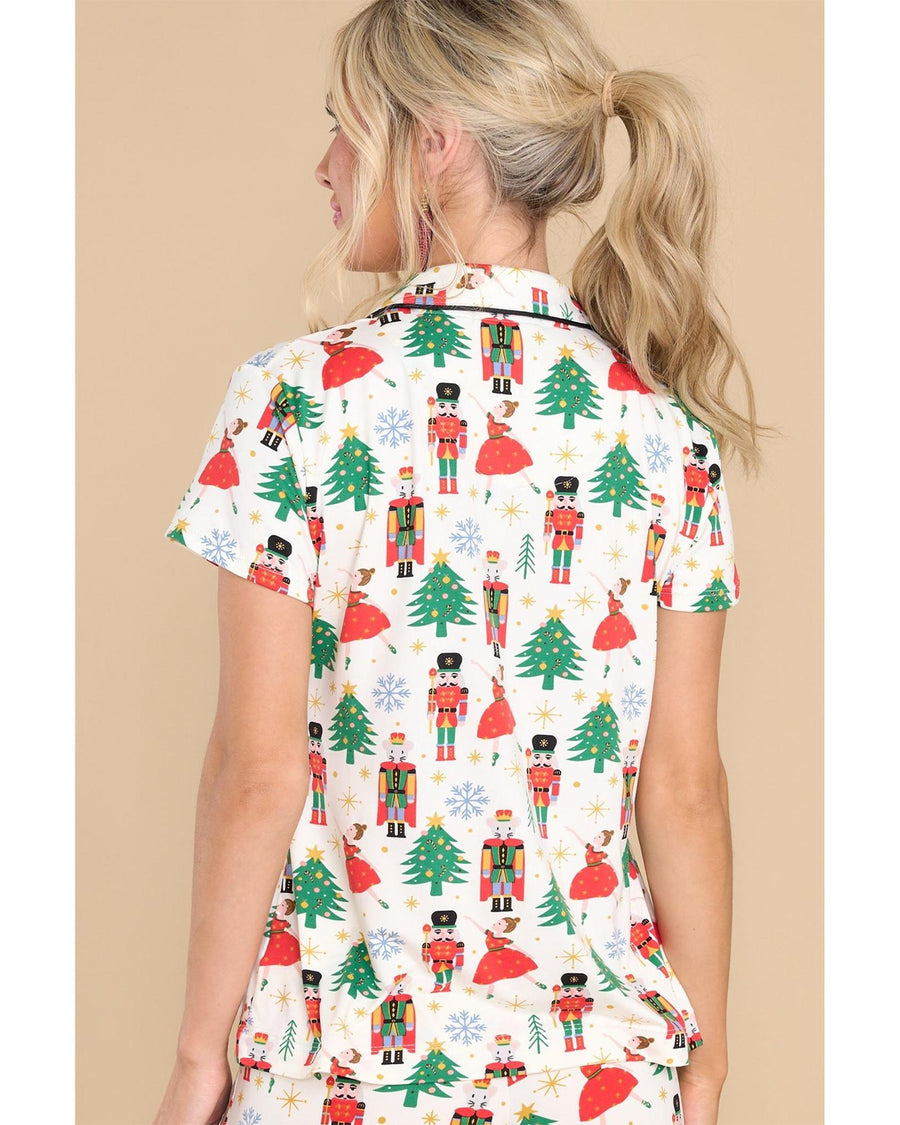 White Printed Christmas Pattern Buttoned Two Piece Sleepwear - M