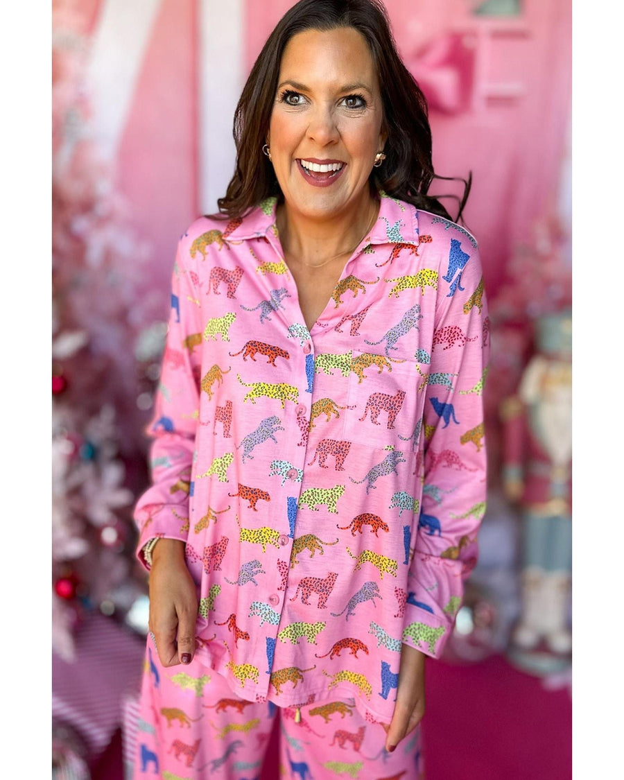 Pink Cheetah Print Shirt and Pants Pajama Set - M