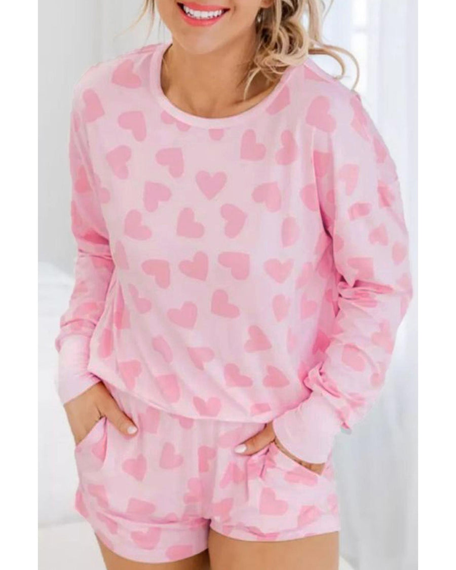 Pink Valentine Heart Shape Print Long Sleeve Top Shorts Lounge Set - XL