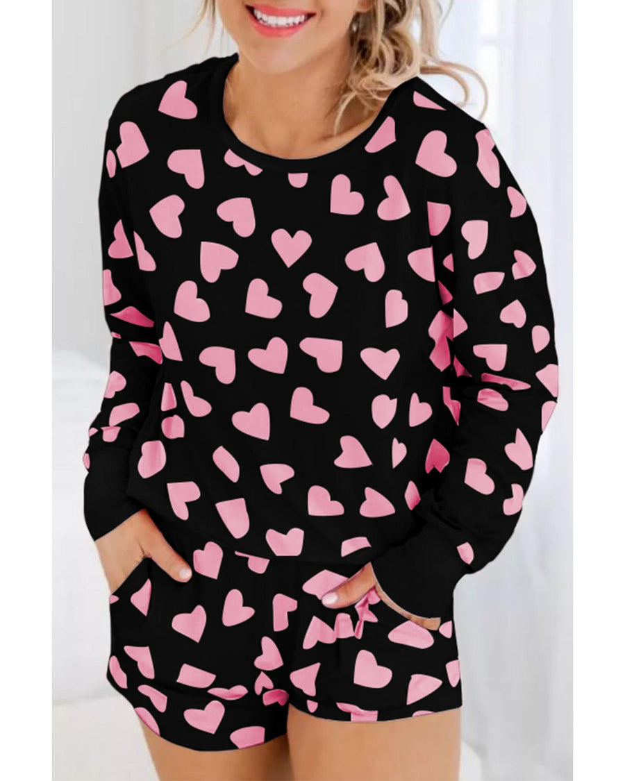 Black Valentine Heart Shape Print Long Sleeve Top Shorts Lounge Set - M