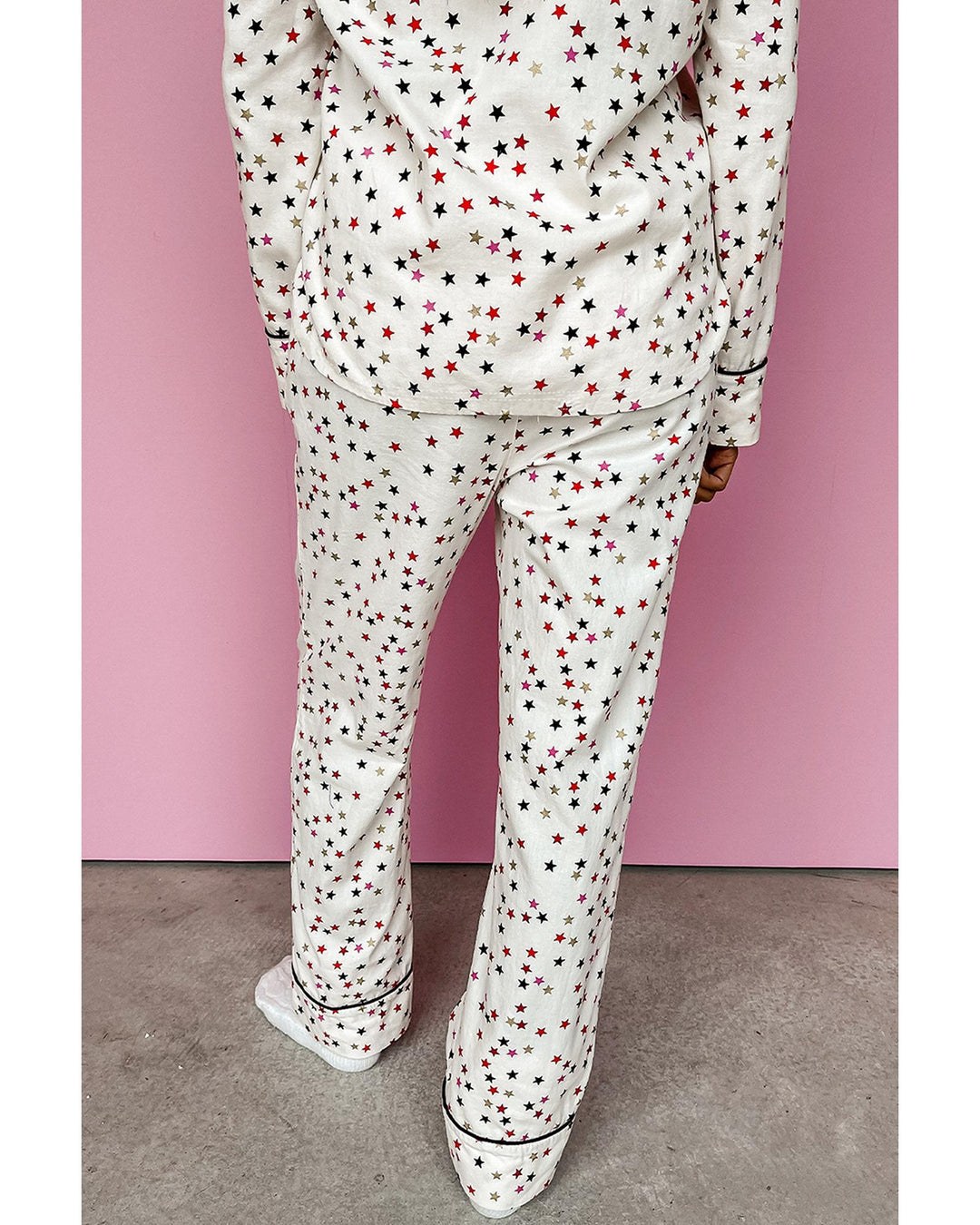White Contrast Pipping Star Long Sleeve and Pants Pajamas Set - M