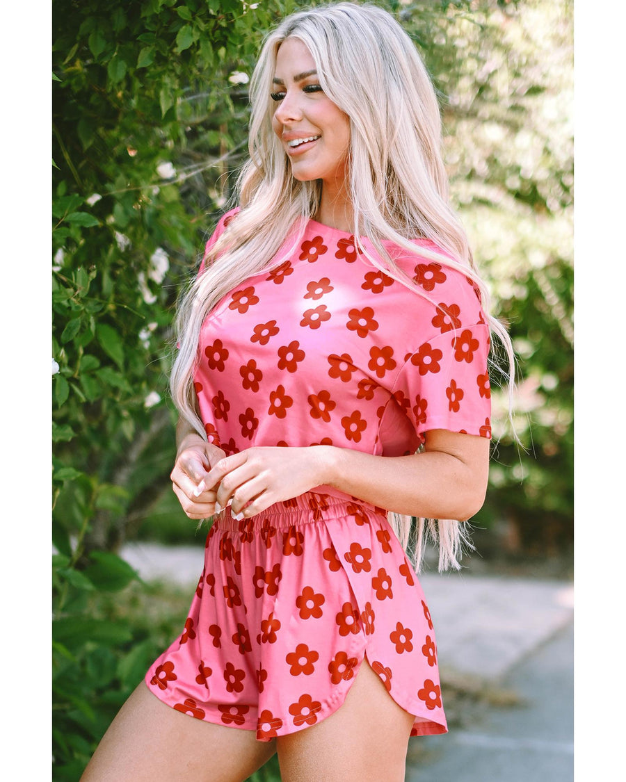 Rose Floral Print Crop Tee and Shorts Lounge Set - M