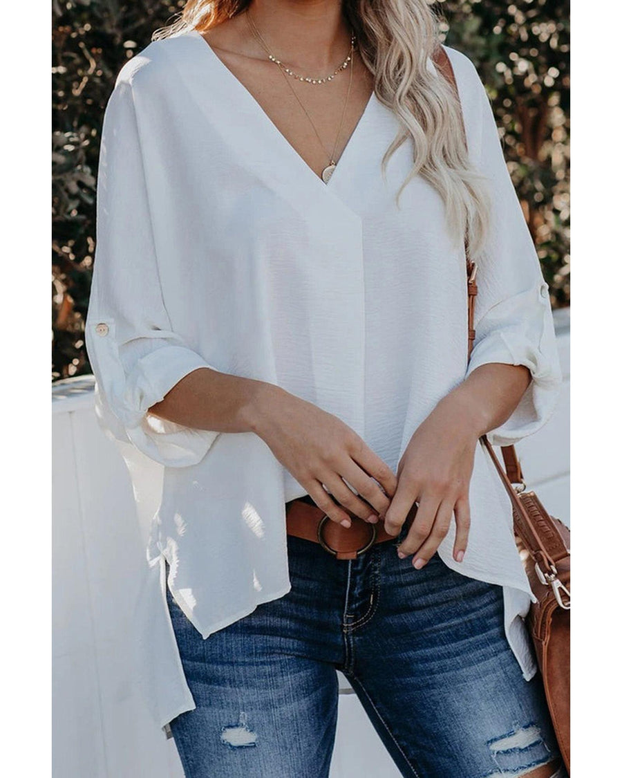 Azura Exchange V Neck 3/4 Sleeve High Low Hem Shirt - L