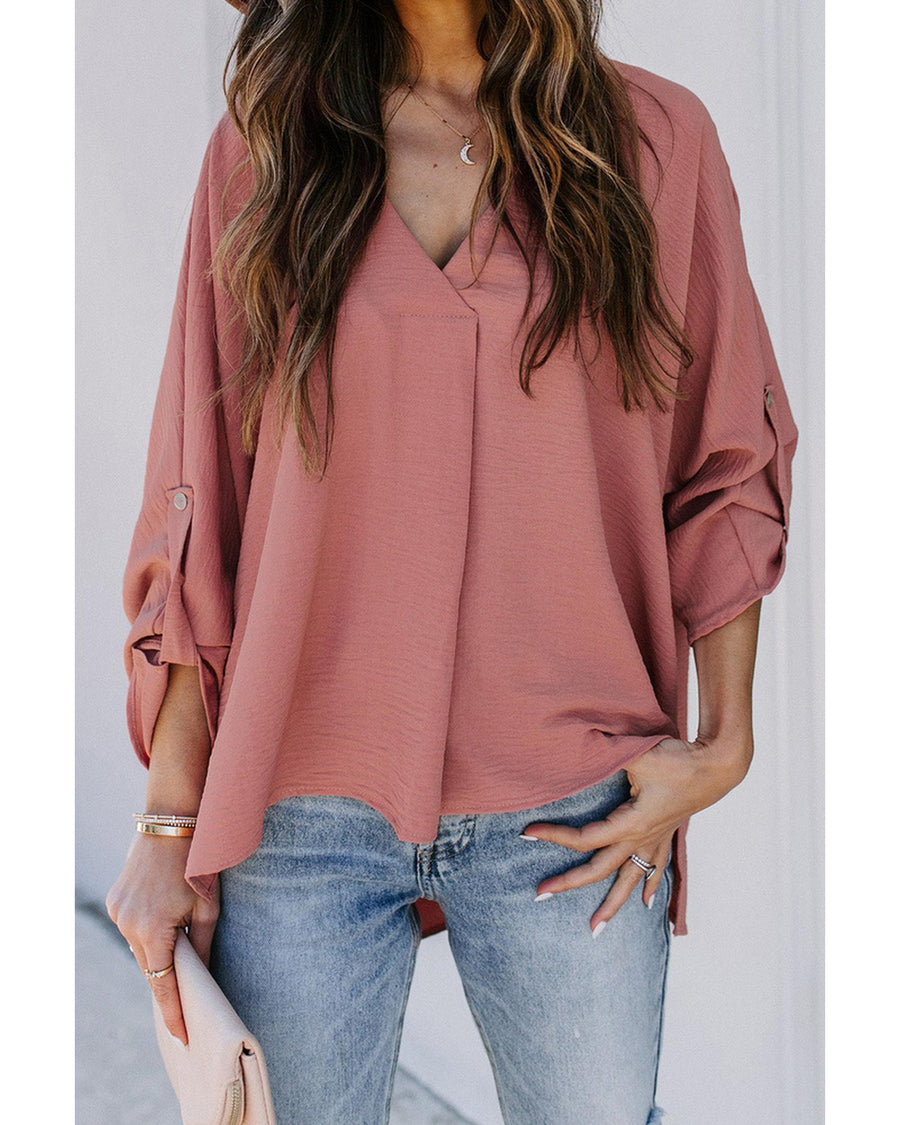 Azura Exchange V Neck 3/4 Sleeve High Low Hem Shirt - 2XL