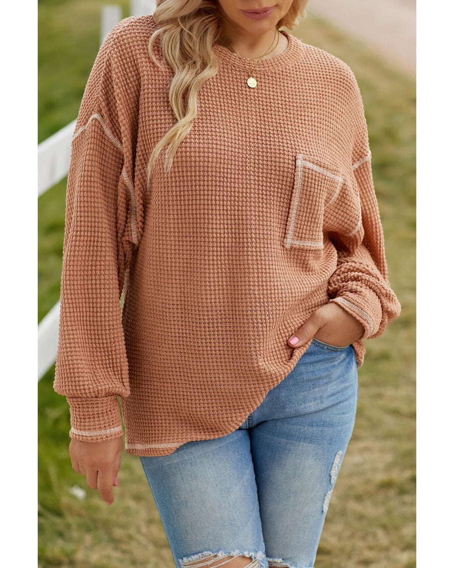 Azura Exchange Contrast Stitching Waffle Knit Top - S