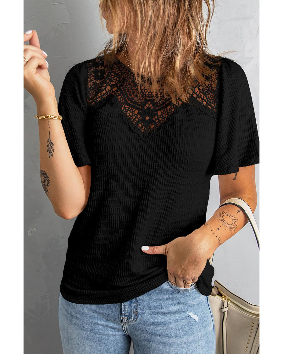 Azura Exchange Flutter Sleeve Crochet Splicing Top - S