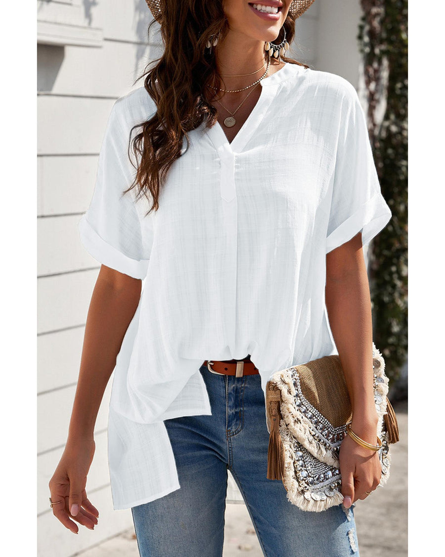Azura Exchange Plaid Print V Neck Shirt with Slits - S
