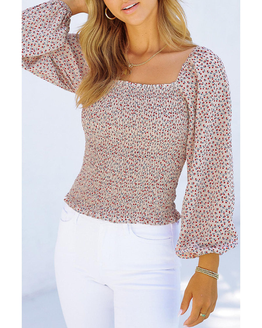 Azura Exchange Puff Sleeve Floral Smocked Top - M