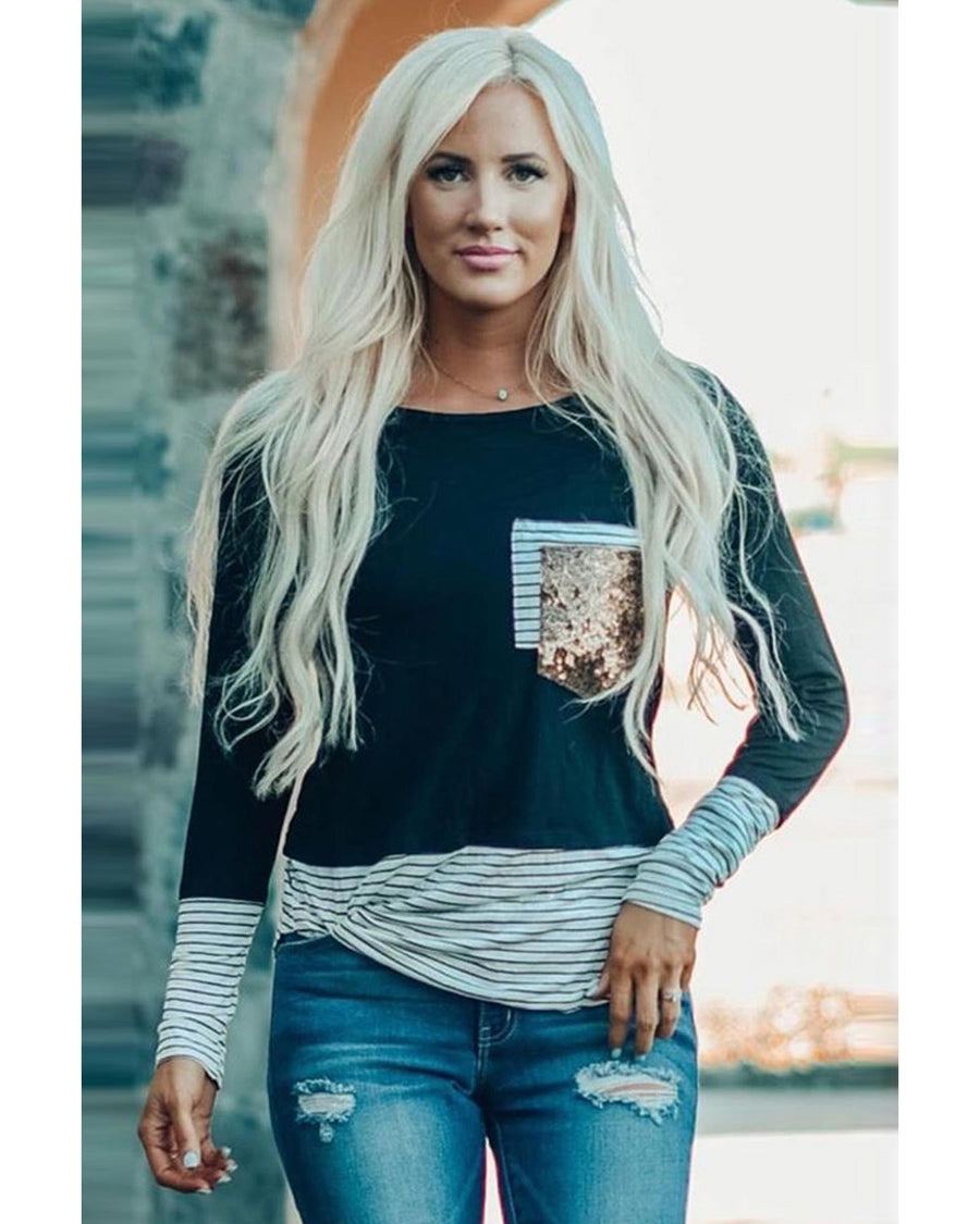 Azura Exchange Sequins Splicing Long Sleeve Top - M