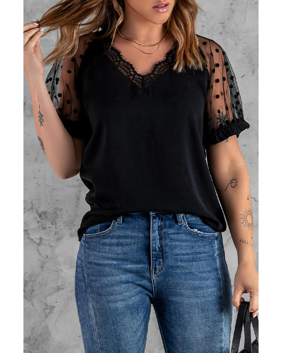 Azura Exchange Polka Dot Mesh Patchwork Blouse - XL