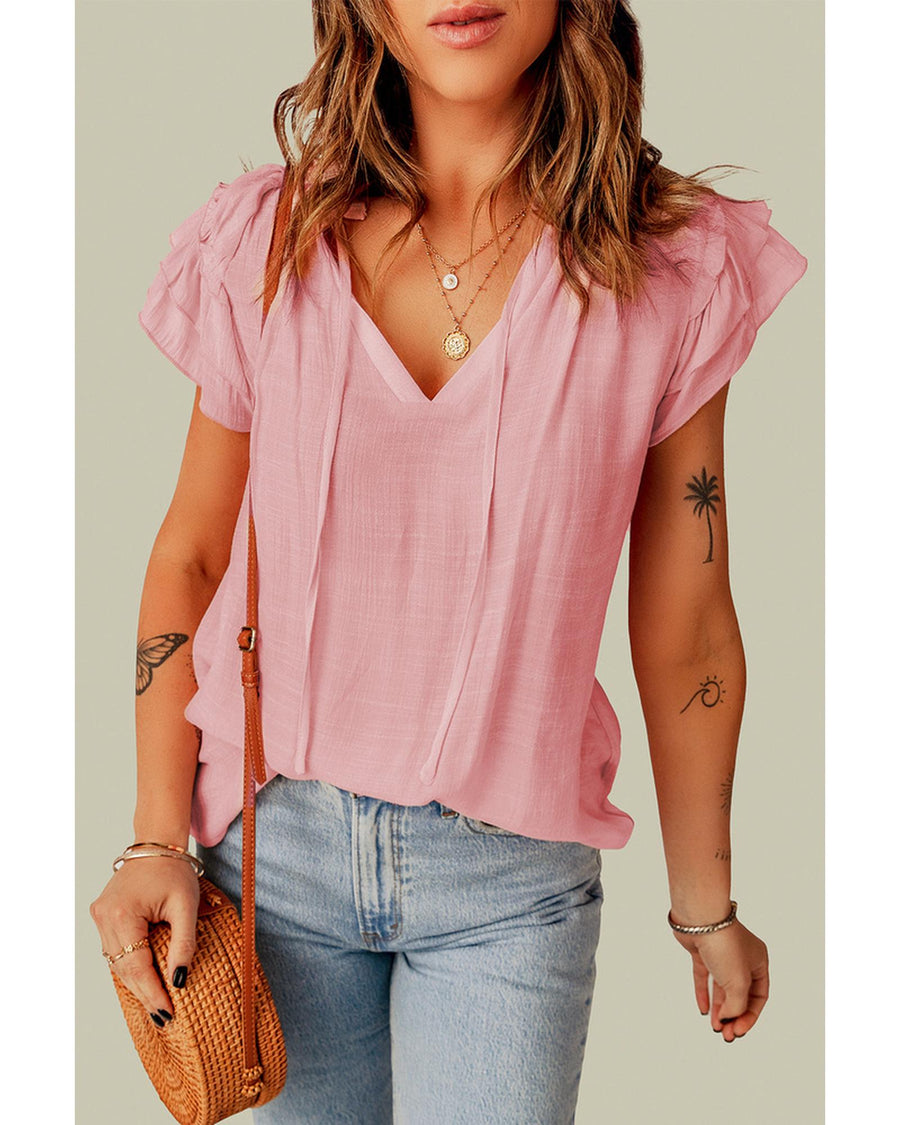 Azura Exchange Tiered Ruffled Drawstring V Neck Top - XL