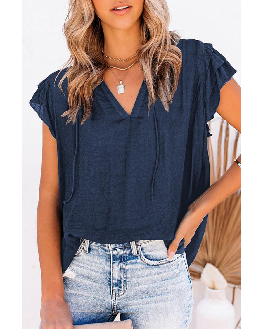 Azura Exchange Tiered Ruffled Drawstring V Neck Top - M