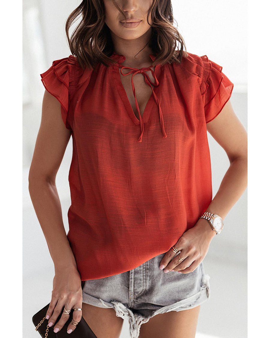 Azura Exchange Tiered Ruffled Drawstring V Neck Top - XL