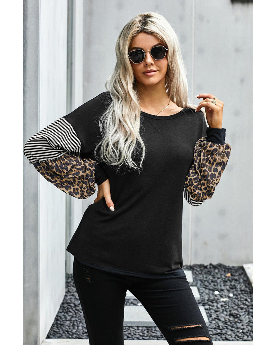 Azura Exchange Leopard Sleeve Colorblock Top - S