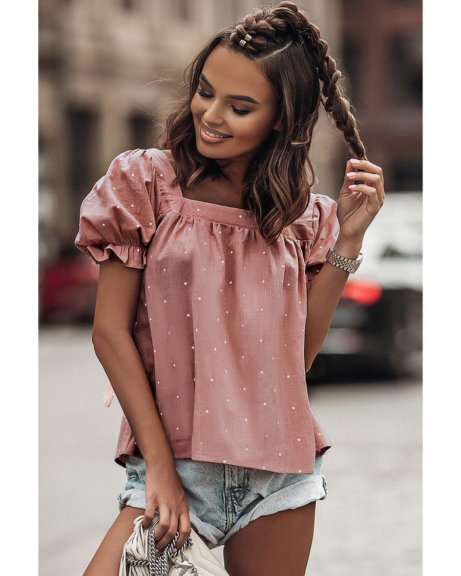 Azura Exchange Dotted Print Puff Sleeve Blouse with Tie Back - L