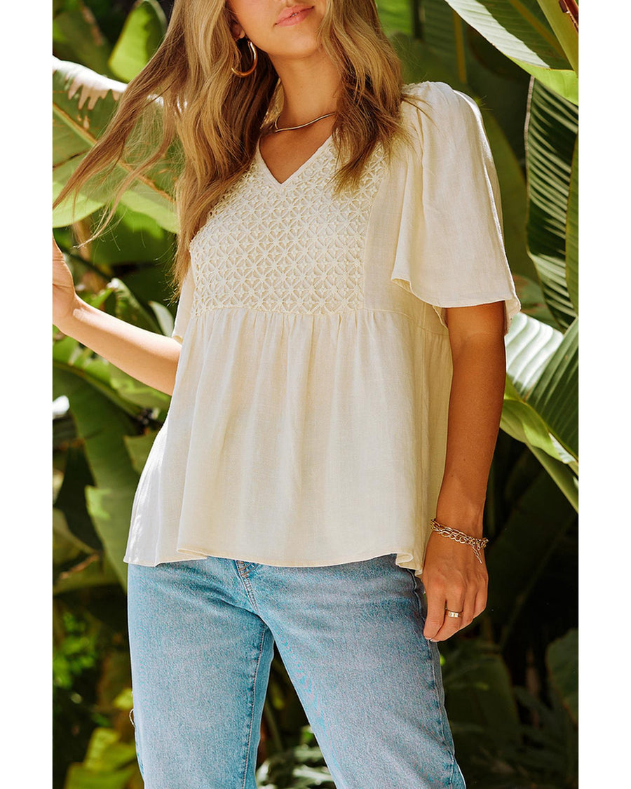 Azura Exchange V-Neck Crochet Detail Babydoll Top - M
