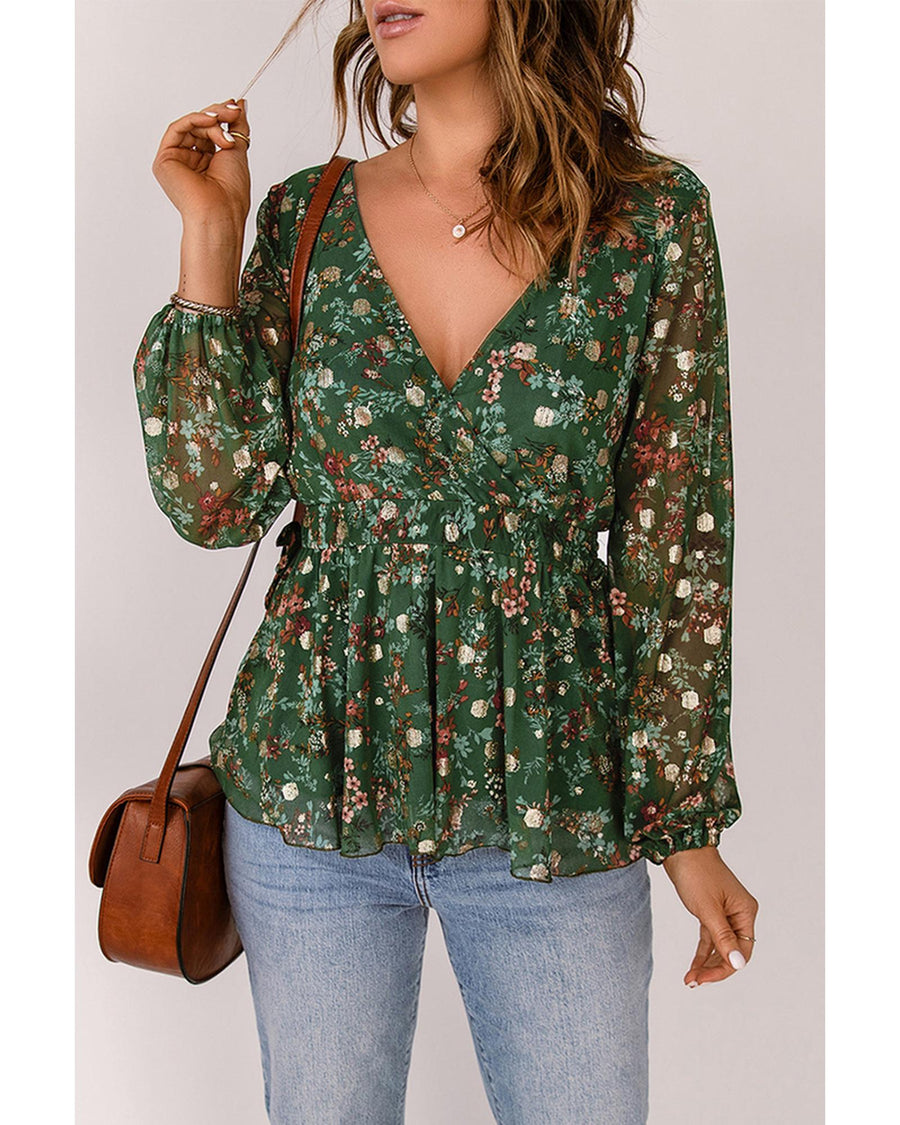 Azura Exchange Wrap V Neck Peplum Top with Floral Print - M