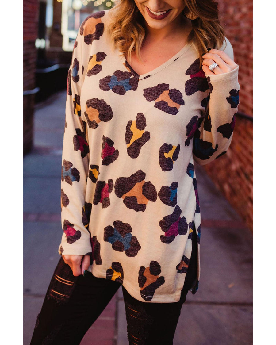 Azura Exchange Leopard Print V Neck Long Sleeve Top with Slits - S