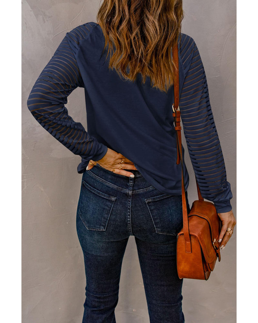 Blue Sheer Stripe V-Neck Top - M