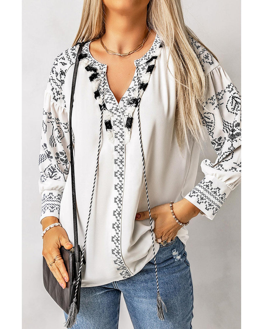 Azura Exchange Embroidered Split Neck Blouse - S