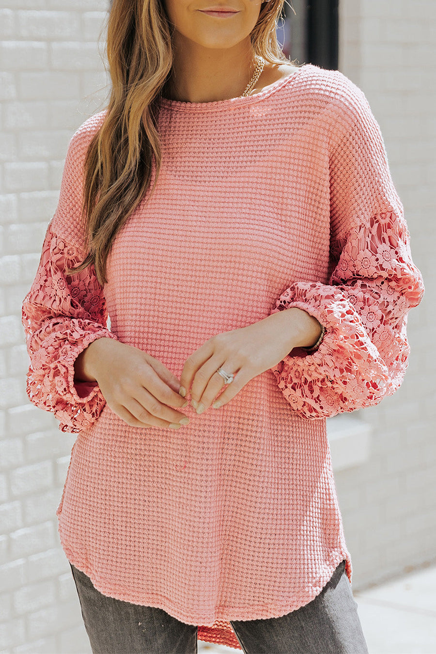 Azura Exchange Waffle Knit Balloon Sleeve Blouse - S