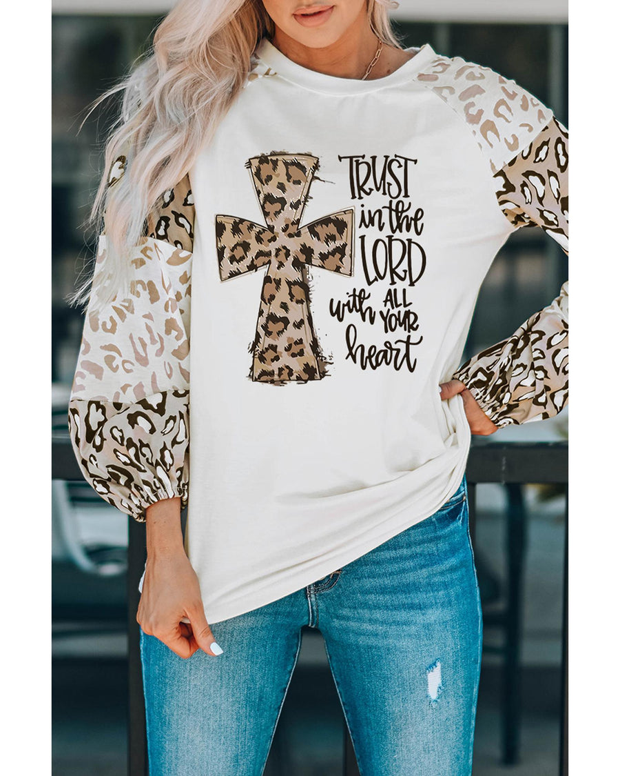 Azura Exchange Faith Cross Leopard Bishop Sleeve Pullover - M
