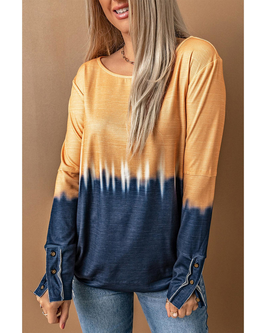 Azura Exchange Tie Dye Color Block Button Cuff Long Sleeve Top - S