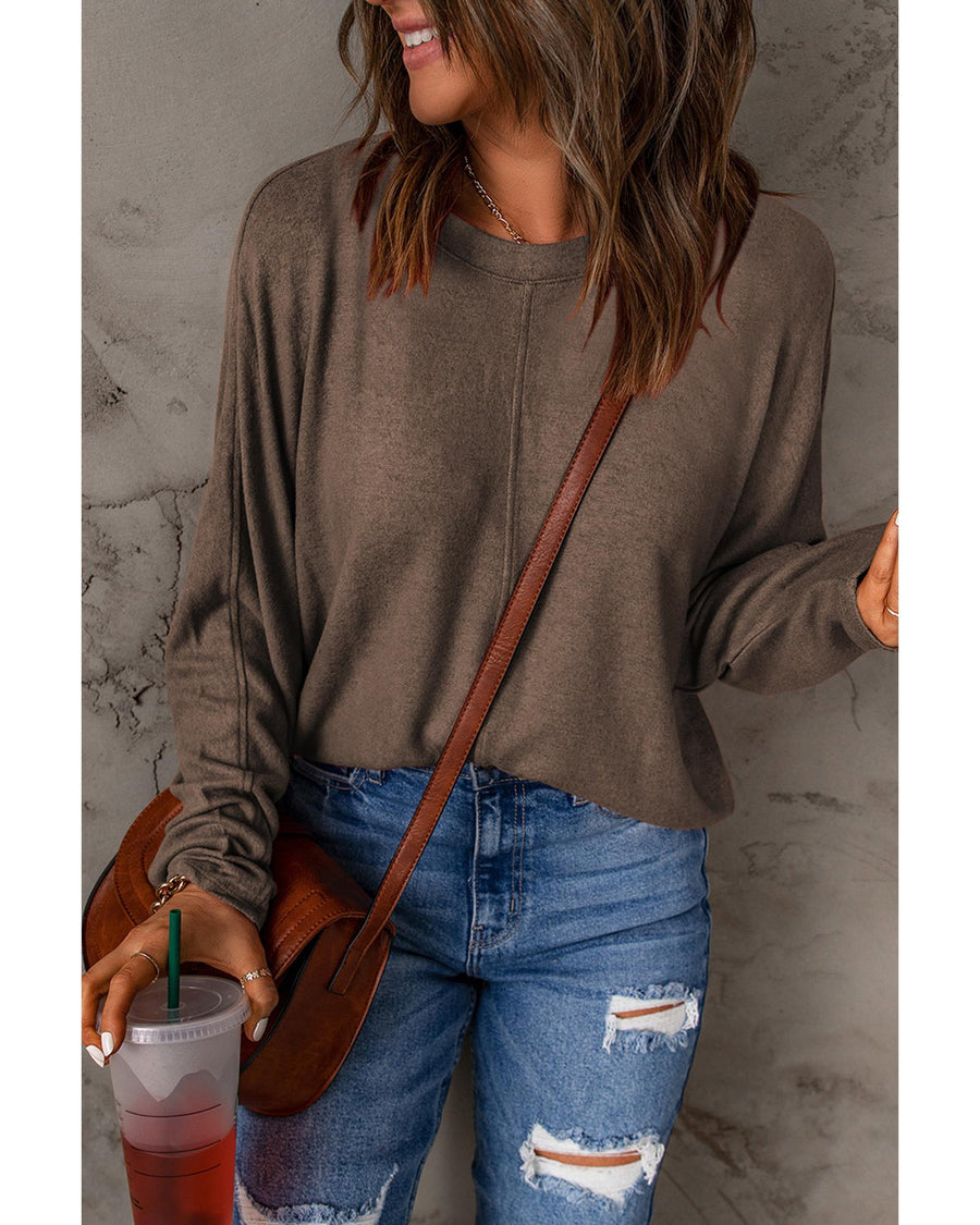 Brown Fiery Solid Color Patchwork Long Sleeve Top - L