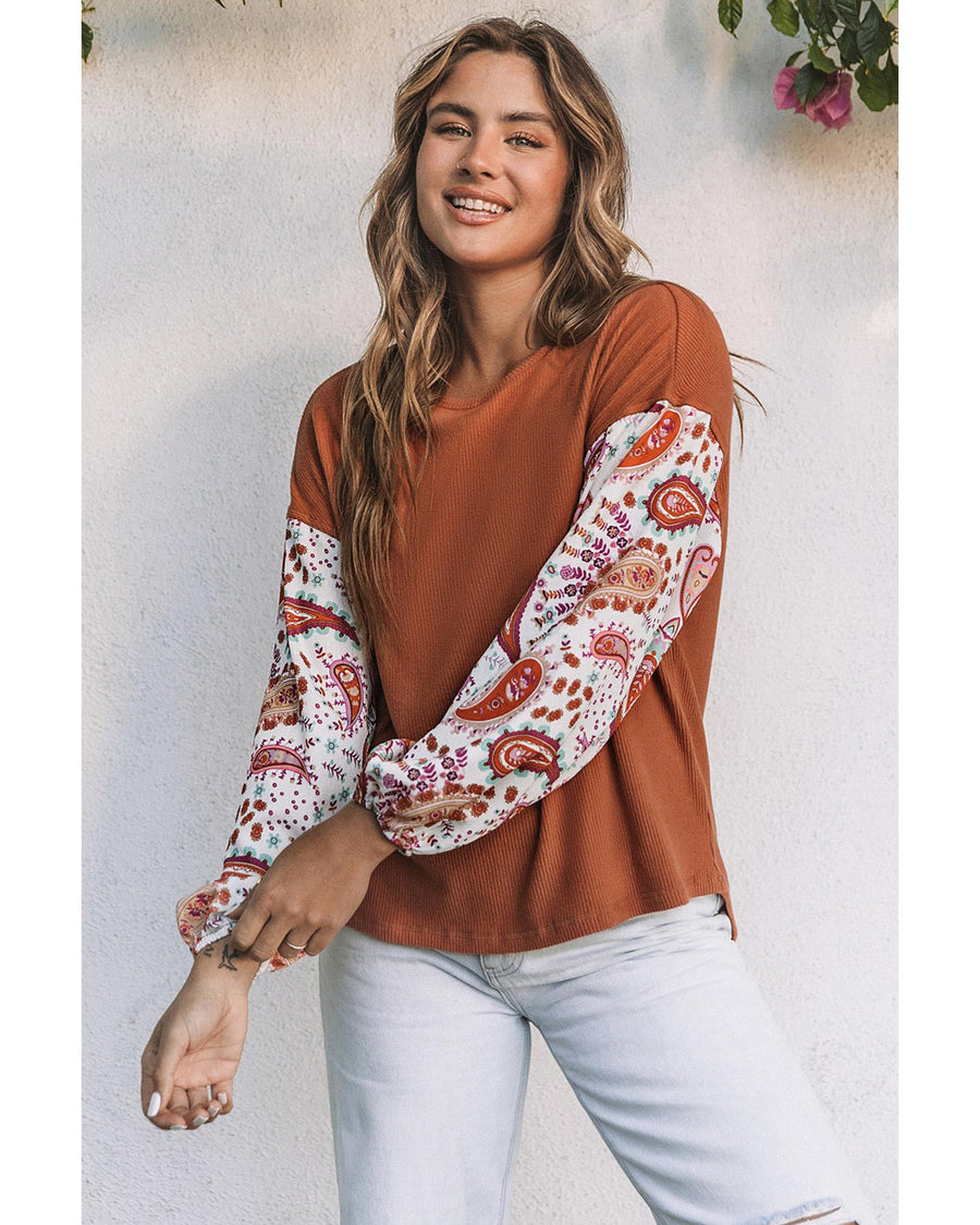 Azura Exchange Contrast Bubble Sleeve Ribbed Top - M