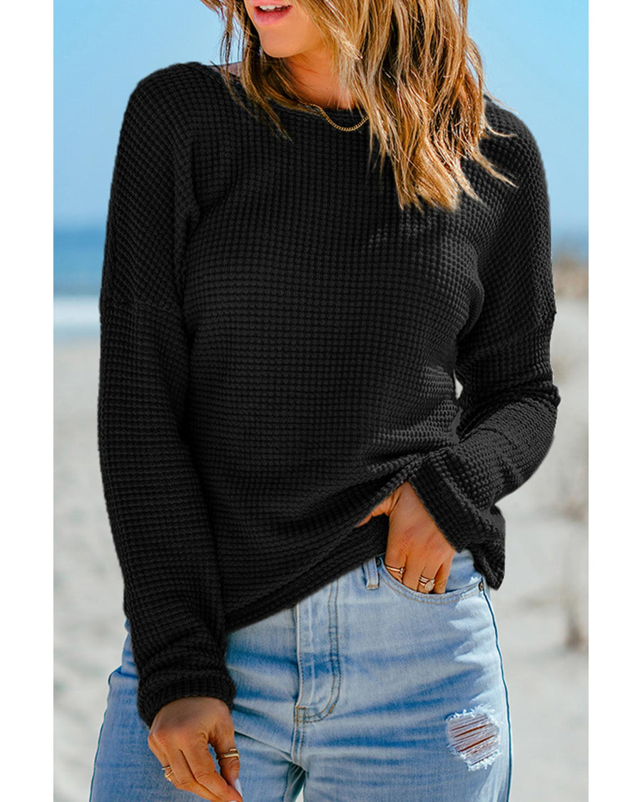 Black Waffle Knit Drop Shoulder Long Sleeve Top - M