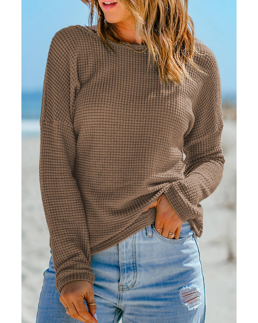 Dark Brown Waffle Knit Drop Shoulder Long Sleeve Top - 2XL