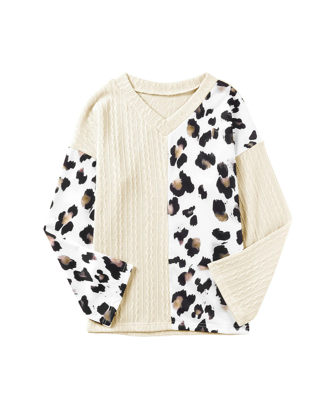 Beige Asymmetric Leopard Patchwork Wide Sleeve V Neck Sweater - S